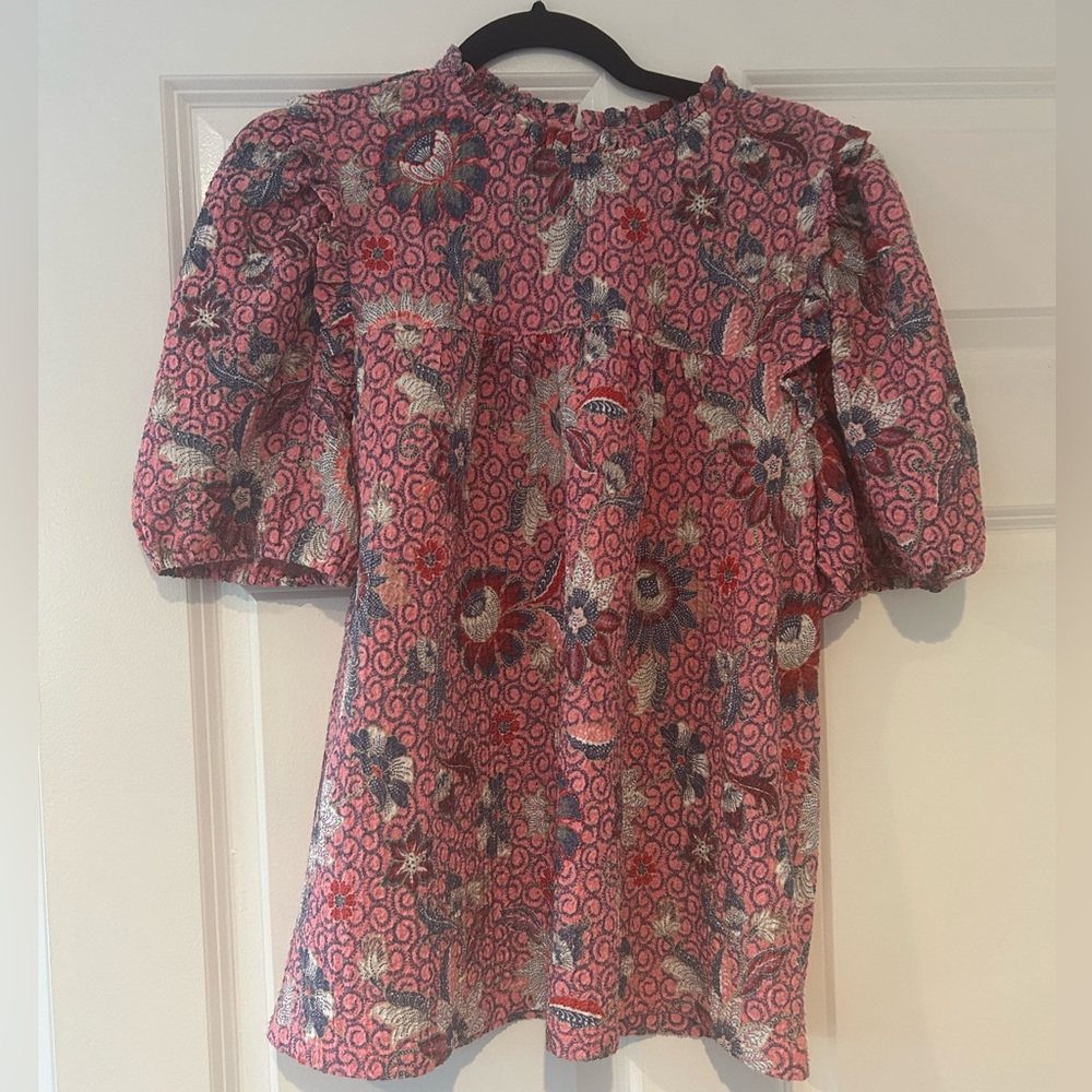 LOFT Pink and Blue Puff Sleeve Blouse